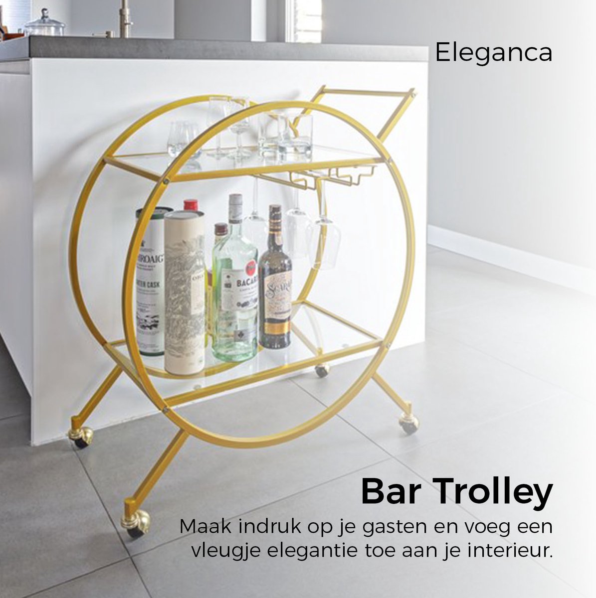 Eleganca Bar trolley met transparante glazen bladen 2-laags serveerwagen Goud