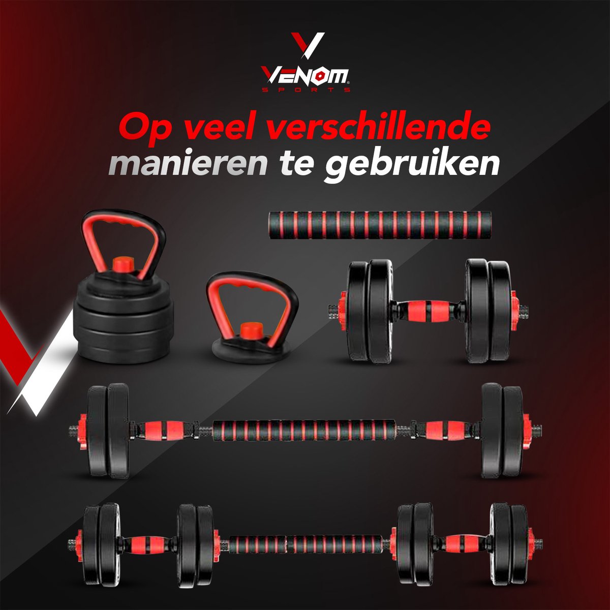 Venom Sports verstelbare dumbbell set inclusief kettlebell 30KG