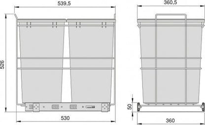 Inbouw prullenbak - Inbouw afvalemmer - Inbouw afvalbak - Inbouw vuilnisbak - Prullenbakken afval scheiden - 2x35 Liter bodembevestiging en handmatig uittrekbaar