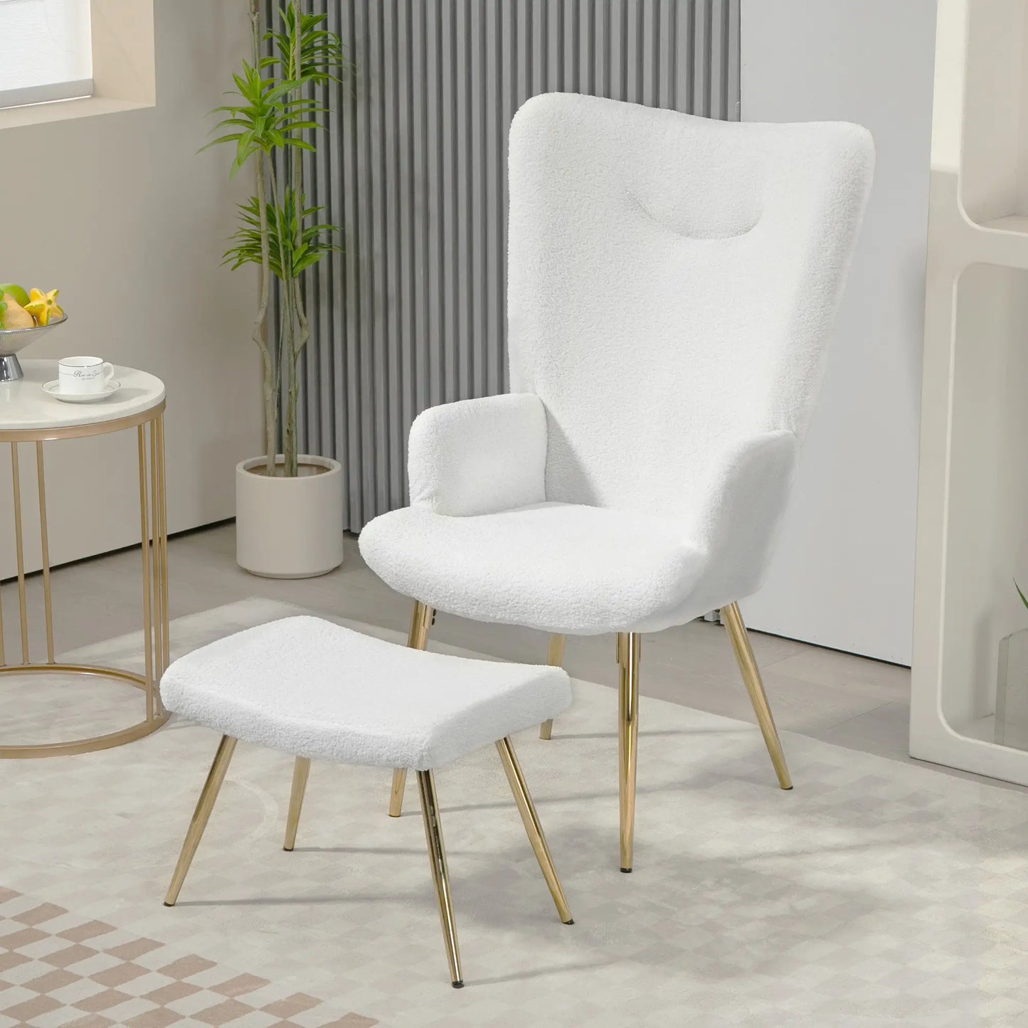 Nancy's Sarzedo Relaxfauteuil met Voetenbankje - Relaxstoel - Loungestoel - Ligstoel - Wit / Goud