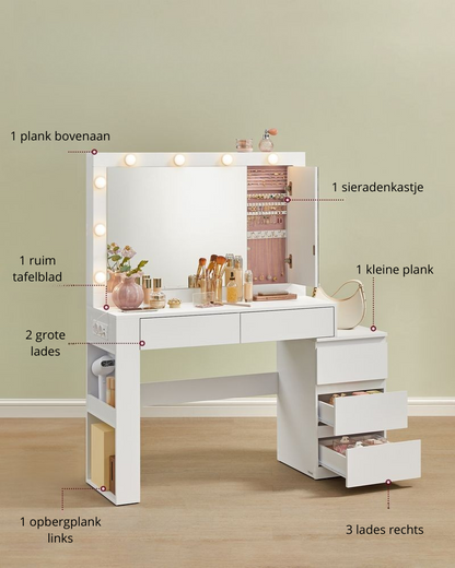 Nancy's Vascões Kaptafel - Make up tafel met Spiegel en Verlichting - Wit - 125 x 40 x 140 cm