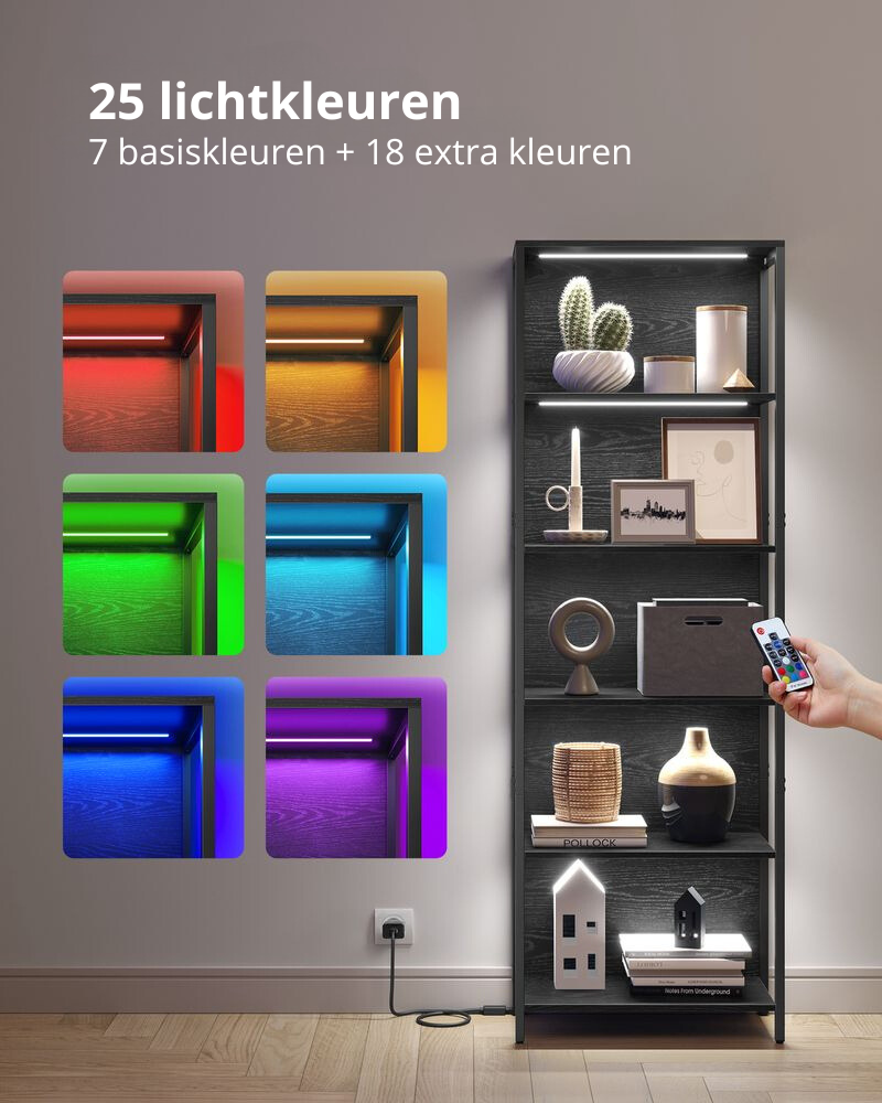 Nancy's Dornelas Wandkast - Boekenkast - LED-verlichting - Zwart - 60 x 30 x 180 cm