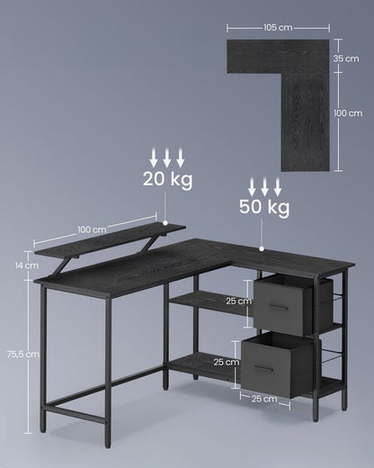 Nancy's Arrzachena Hoekbureau - Computertafel - Laptoptafel - Bureau - Zwart - ± 105 x 135 x 90 cm