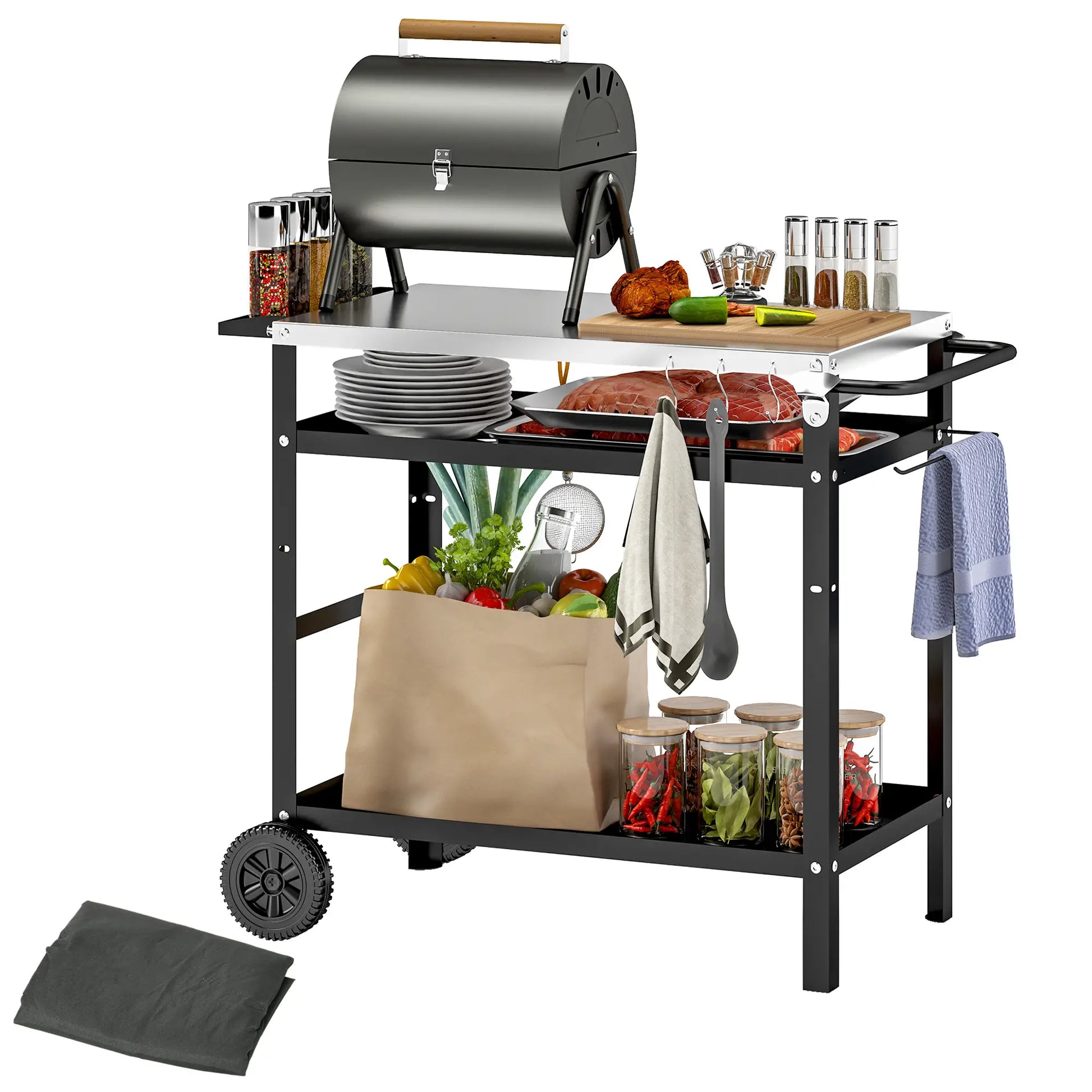 Nancy's Cirella Serveerwagen - Barbecuetrolley - Trolley voor buiten - Zwart / Zilver - ± 100 x 50 x 80 cm