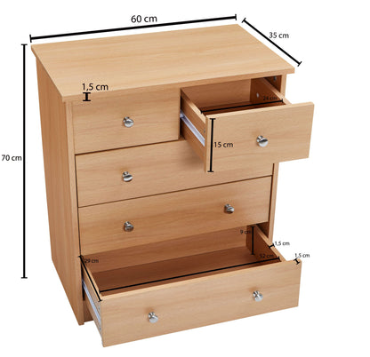 Nancy's Woodbridge Ladekast - Dressoir - 5 lades - Beuken kleur - Spaanplaat / Staal - 60 x 35 x 70 cm