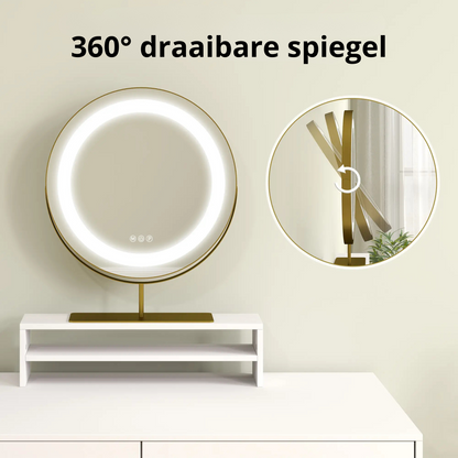 Nancy's Azinhage Kaptafel - Make Up Tafel Met Spiegel en Verlichting - Wit / Goud - ± 100 x 50 x 140 cm