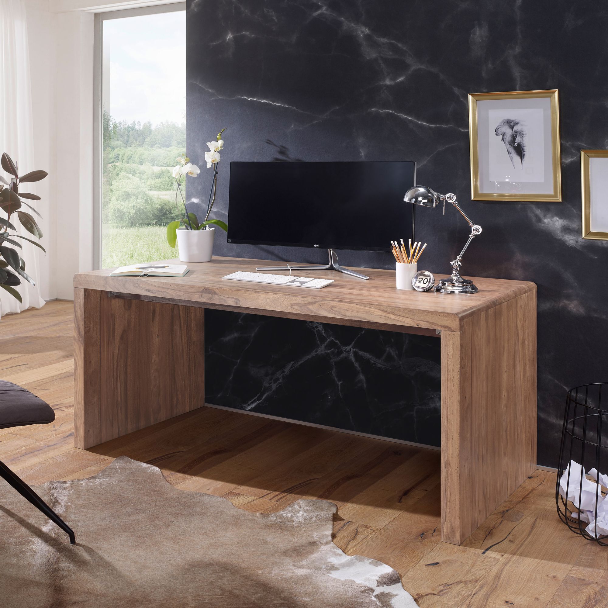 Nancy's Idabel Bureau - Table de travail - Acacia massif - Bois - 140/160 x 80 x 76 cm - Table de bureau - Marron 