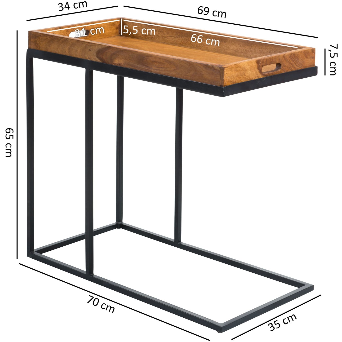 Nancy's Koffietafel - Massief Hout dienblad op metaal onderstel - Bijzettafel - Bruin - 70 x 65 x 34 cm