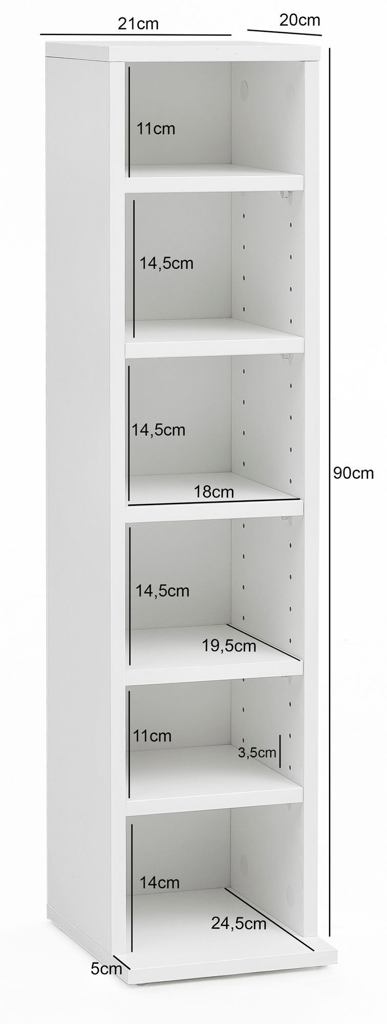 Bibliothèque de Nancy à 6 compartiments - Armoire de rangement - Armoire à compartiments - Blanc - ± 20 x 90 x 20 cm