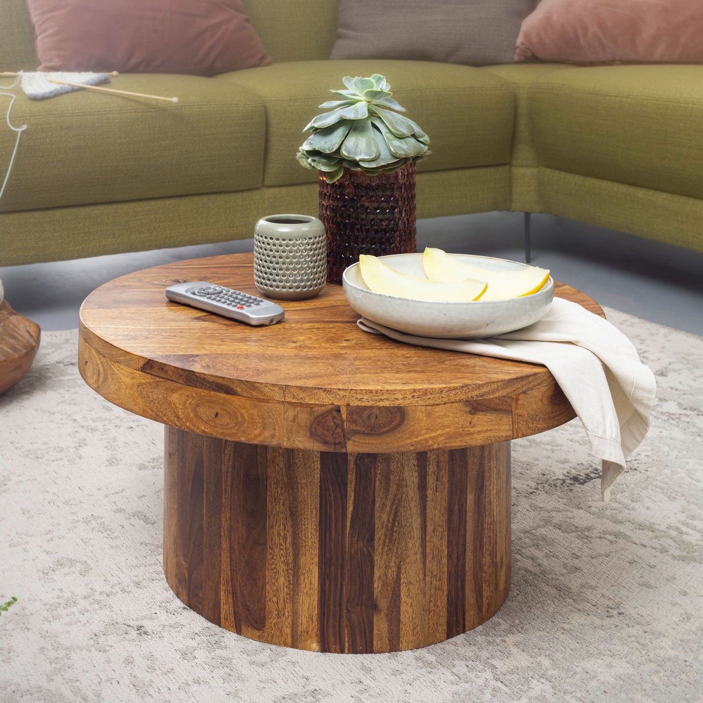 Nancy's Industrial Coffee Table - Solid Sheesham Wood - Coffee Table - Side Table - Round Coffee Tables - 60 x 60 x 30 cm