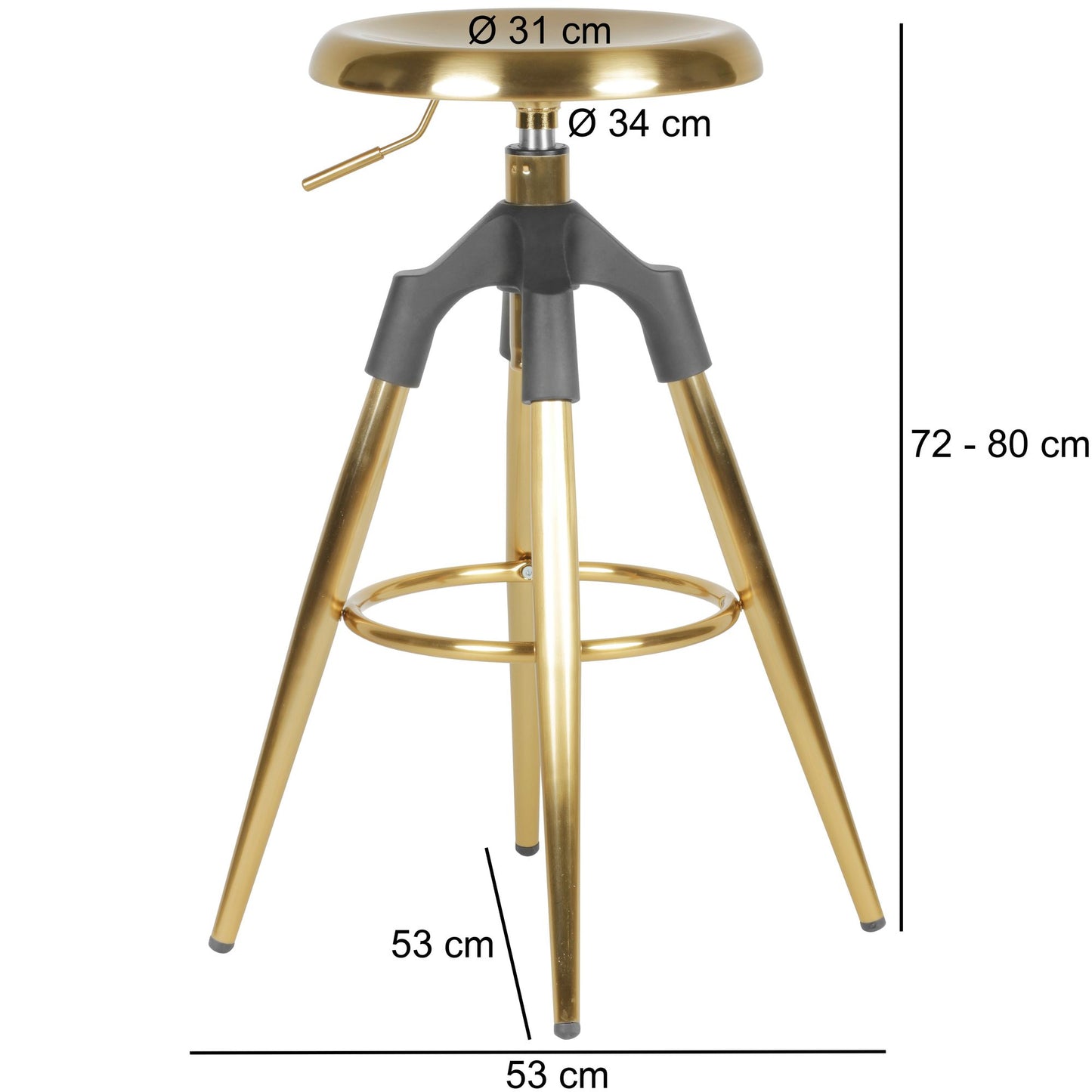 Nancy's Riachos Bar Stool - Industrial - Gold - Steel - Height adjustable - Ø 53 x 72-80 cm