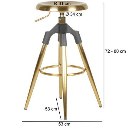 Nancy's Riachos Bar Stool - Industrial - Gold - Steel - Height adjustable - Ø 53 x 72-80 cm