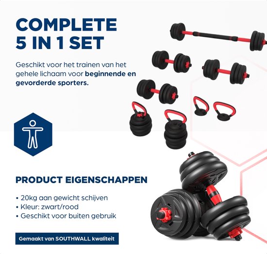 SOUTHWALL 5-in-1 Dumbbell set tot 20 kg Zwart/Rood