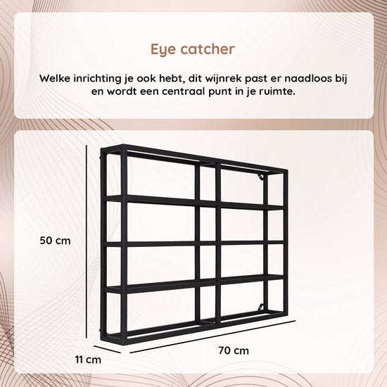 Eleganca Wijnrek - Wijnmeubel - Flessenrek - 10 Flessen - Zwart - Staal - ± 70 x 10 x 50 cm