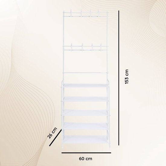 Eleganca Kledingrek met planken - Garderoberek - Schoenenrek - 2-1 opbergrek - Wit - Staal - 60 x 26 x 153 cm