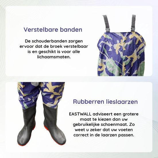 EASTWALL Waadpak - Waadbroek met laarzen - Warmtepak - Lieslaarzen - Blauw Camouflage - Waterdicht - Schoenmaat 44