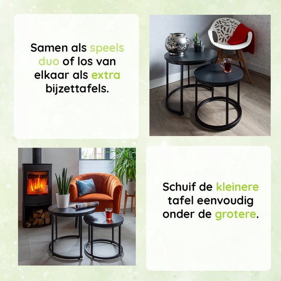 CASAMODA Guisande Salontafelset - Salontafels - Bijzettafels - Rond - Zwart - Hout / Staal -  ø 43/53 cm