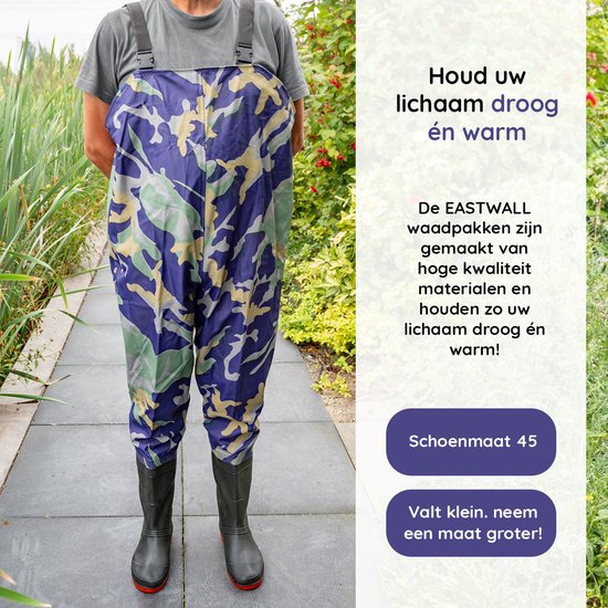 EASTWALL Waadpak - Waadbroek met laarzen - Warmtepak - Lieslaarzen - Blauw Camouflage - Waterdicht - Schoenmaat 45