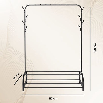 Eleganca Kledingrek - Kledingstang met 2 Planken en 8 Haken - Garderoberek - Zwart - Staal - 110 x 40 x 150 cm