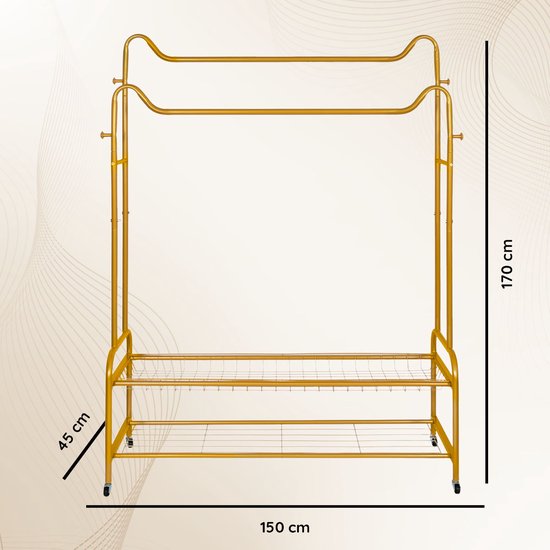 Eleganca Kledingrek XXL op wieltjes - Garderoberek - Kledingstang - Goud - Staal - 150 x 45 x 170 cm