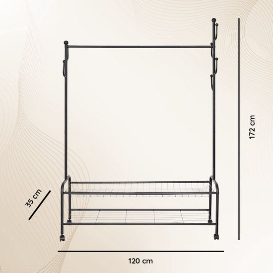 Eleganca Kledingrek - Kledingstang - Garderoberek - Met 6 Ophanghaken - Zwart - Staal - 120 x 35 x 172 cm