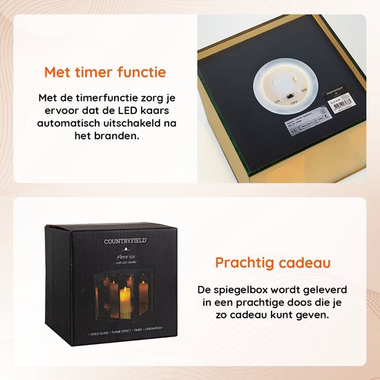 Countryfield Spiegelbox Elite - LED Kaars op Batterij - Sfeerlicht - Met Timer - Goudkleurig