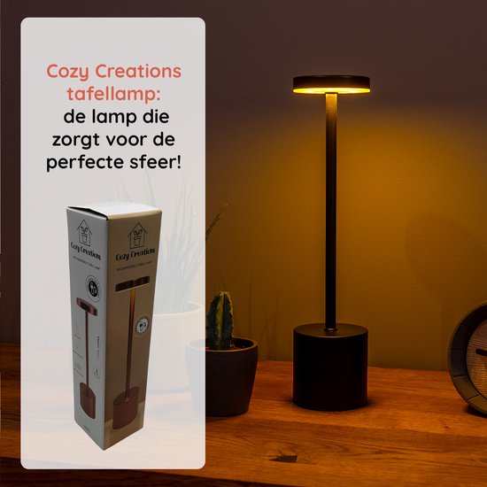 Cozy Creations Tafellamp - Dimbaar - Oplaadbaar - Draadloos - 3 Lichtkleuren - Zwart - ± 35 cm hoog