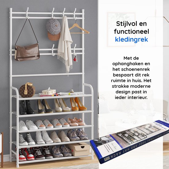 Eleganca Clothes rack with shelves - Wardrobe rack - Shoe rack - 2-1 storage rack - White - Steel - 60 x 26 x 153 cm