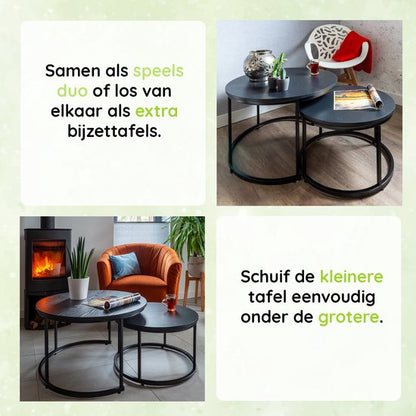 CASAMODA Lobão Salontafelset - Salontafels - Bijzettafels Rond - Zwart - Hout / Staal - ø 58/75 cm