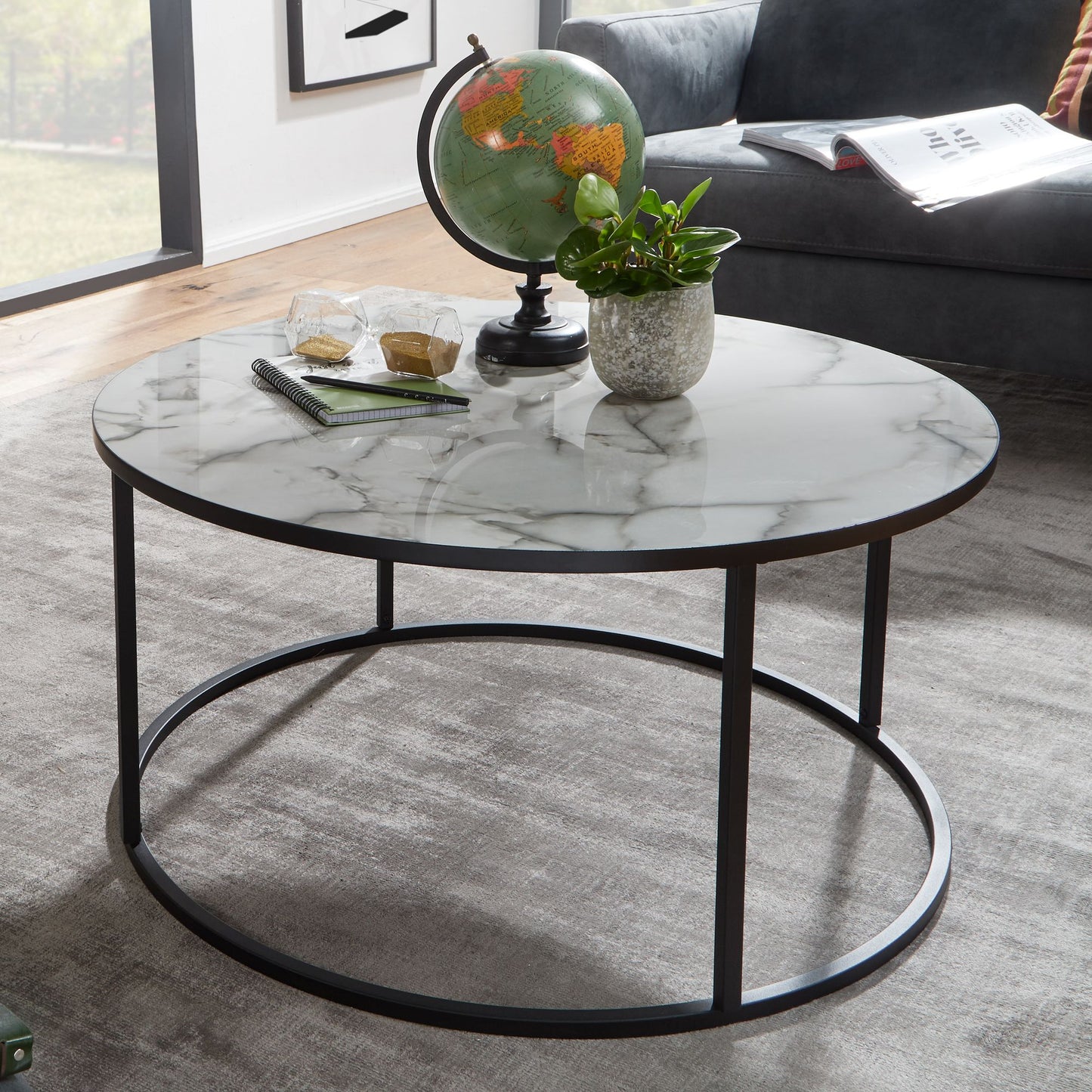 Nancy's Badim Coffee table - Coffee table - White / Black - Marble look / Steel - Ø 80 x 40 cm