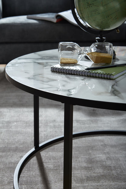 Nancy's Badim Coffee table - Coffee table - White / Black - Marble look / Steel - Ø 80 x 40 cm