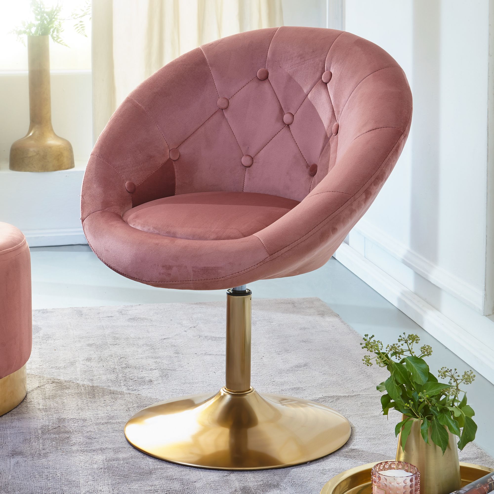 Fauteuil Torredeita de Nancy - Fauteuil Relax - Fauteuil Lounge - Motif Chesterfield - Rose / Or - Velours