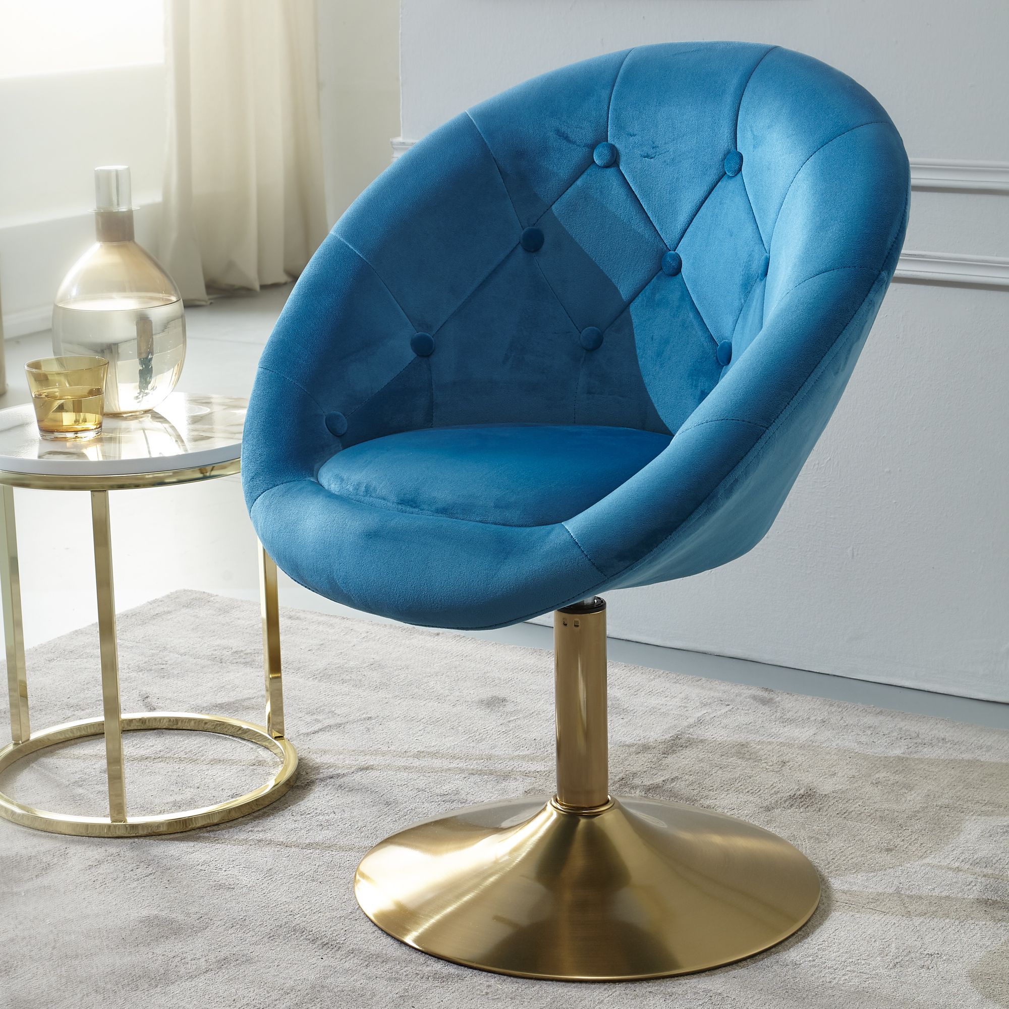 Fauteuil Torredeita de Nancy - Fauteuil Relax - Fauteuil Lounge - Motif Chesterfield - Bleu / Or - Velours