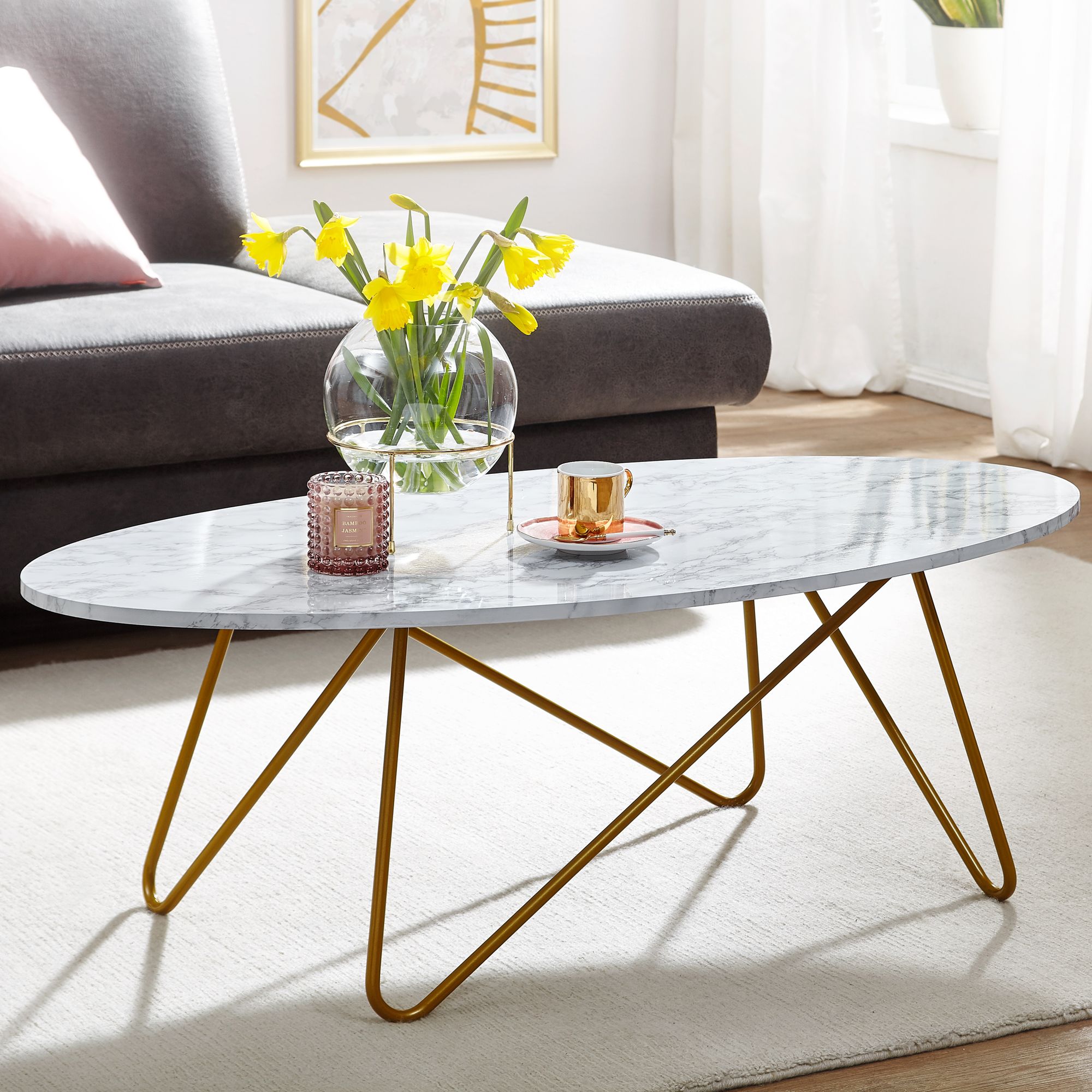 Nancy's Verdro Salontafel - Koffietafel - Wit / Goud - Marmerlook / Staal - 120 x 40 x 60 cm