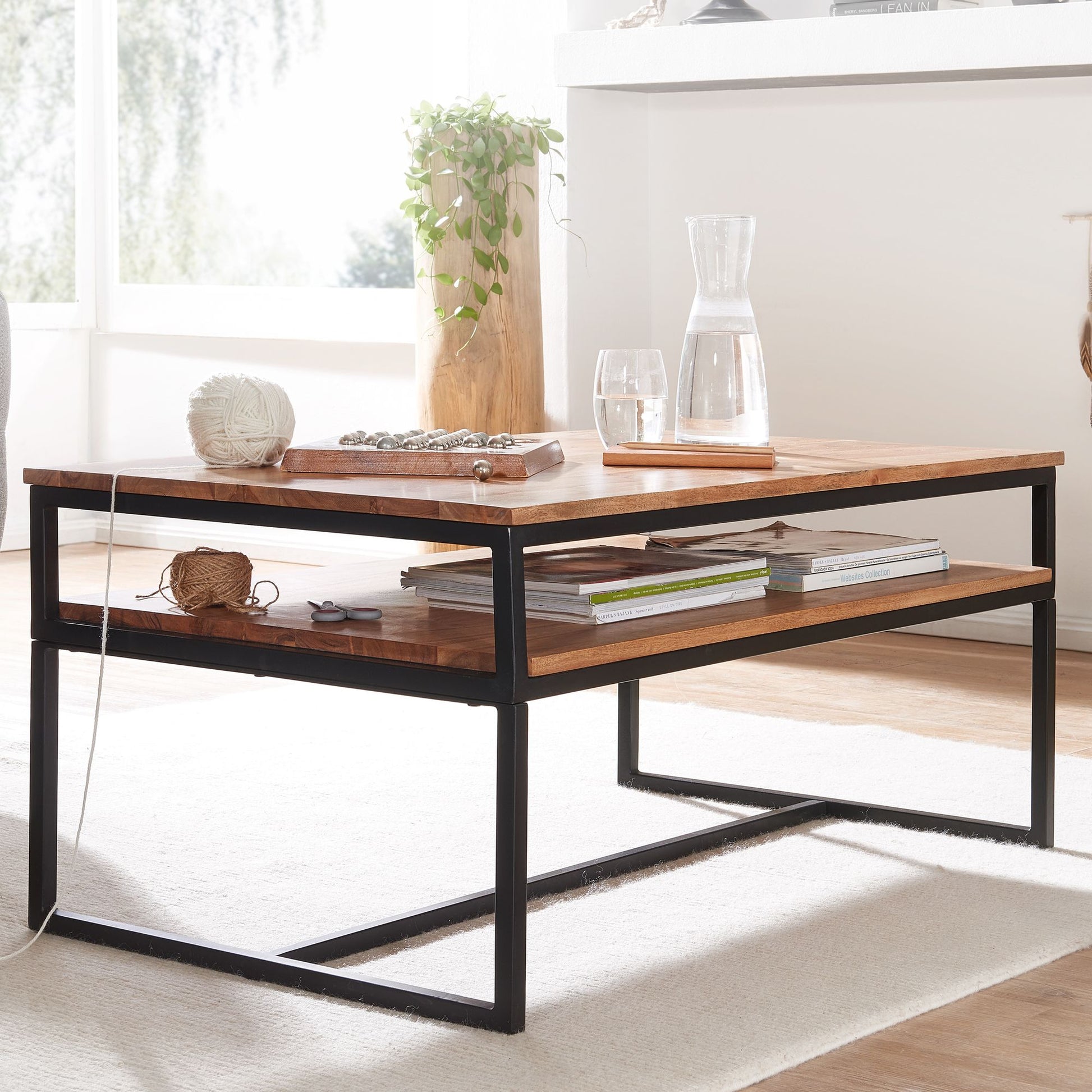 Nancy's Amieiro Salontafel - Koffietafel - Bruin / Zwart - Massief Acaciahout / Staal - 100 x 60 x 45 cm