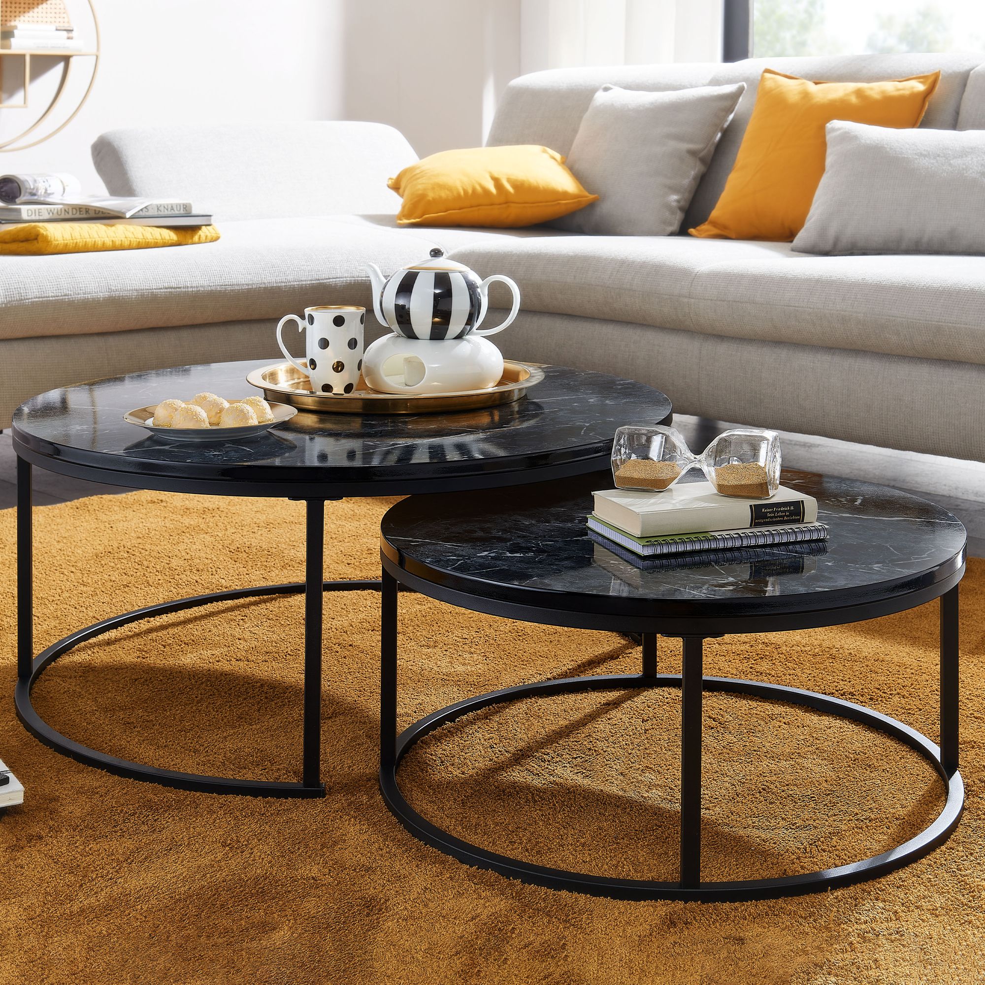 Nancy's Pouca Coffee Table Set - Coffee Table - Set of 2 - Black Marble Look - Steel