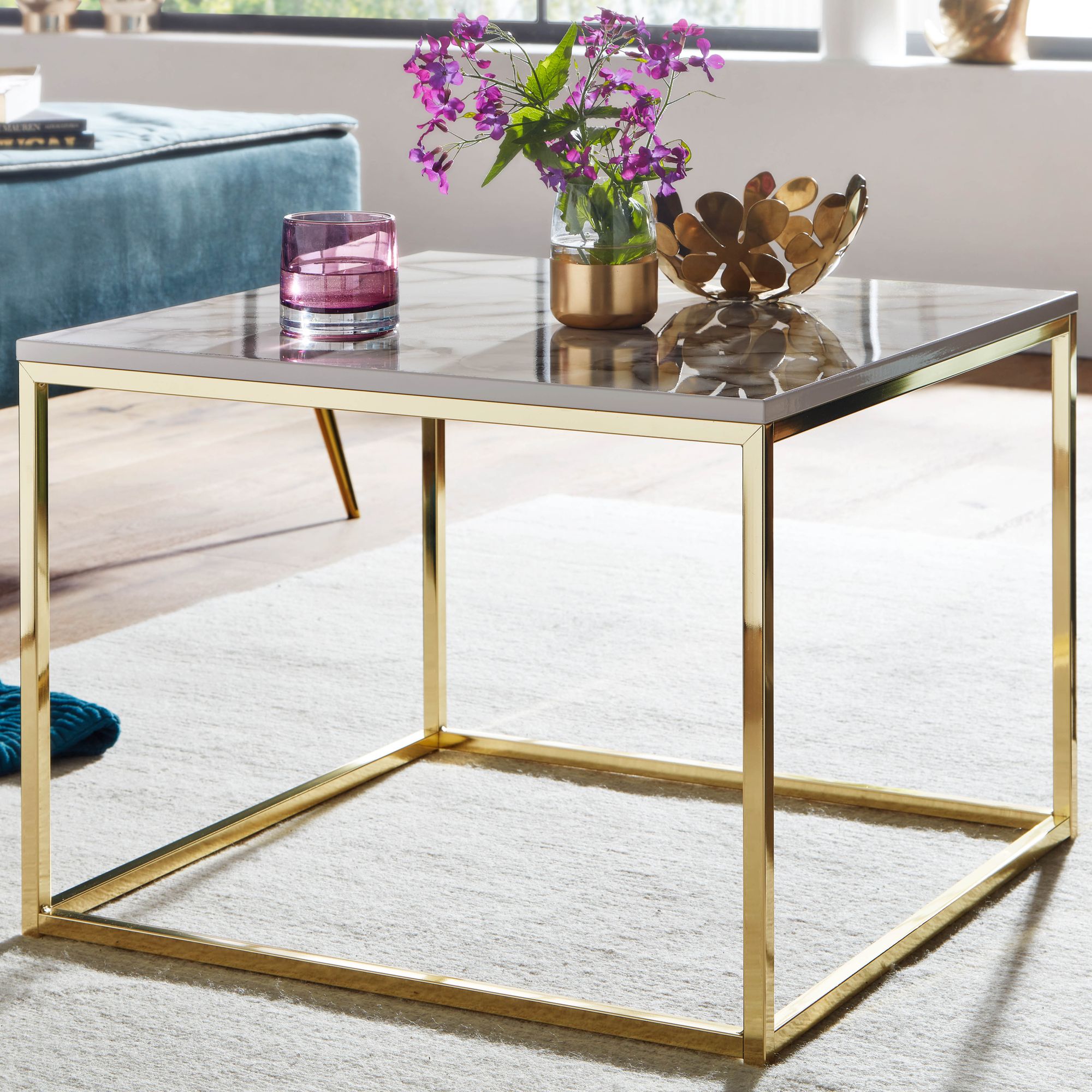 Nancy's Touvedo Coffee table - Coffee table - White / Gold - Marble look / Steel - 60 x 60 x 45 cm