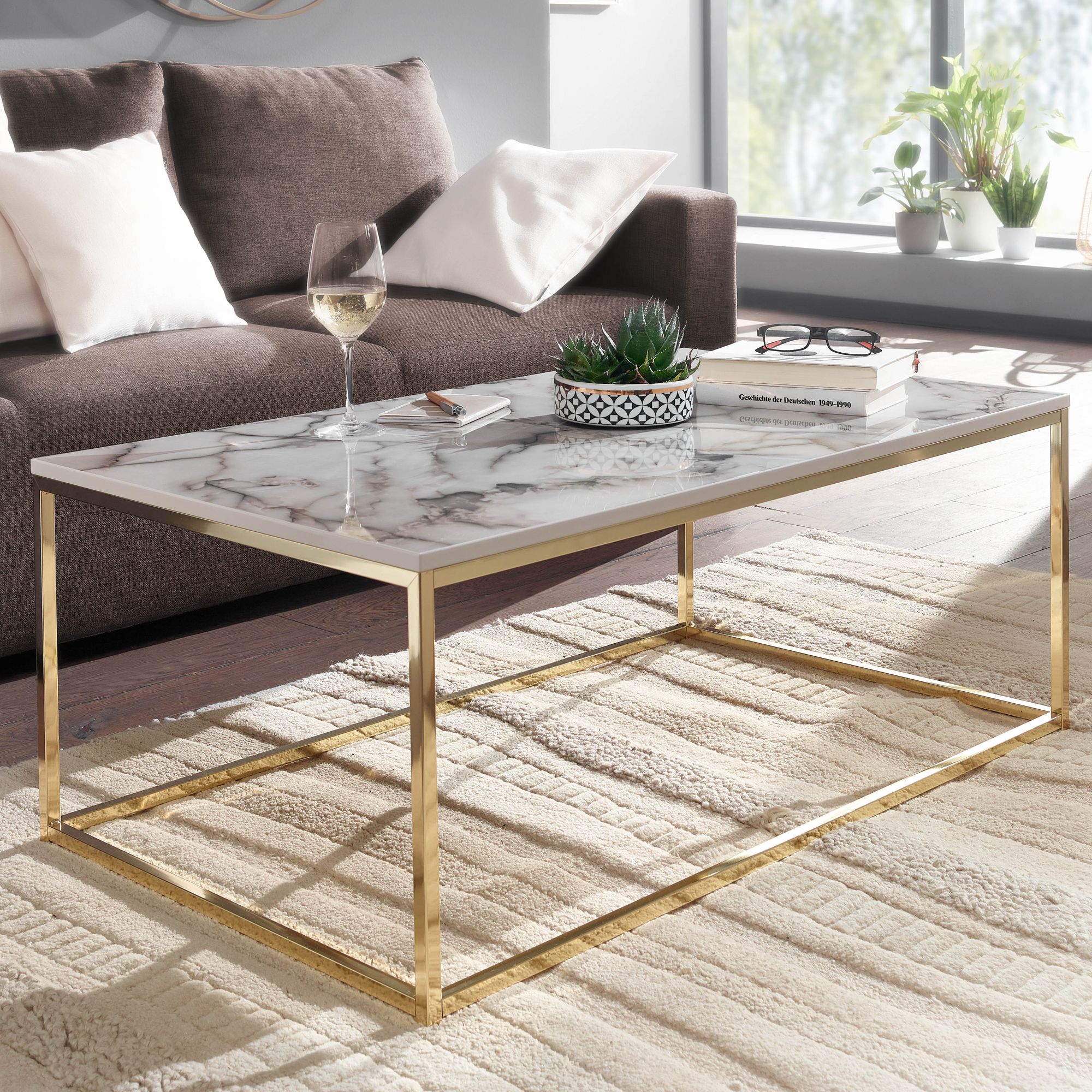 Nancy's Nogueira Salontafel - Koffietafel - Wit / Goud - Marmerlook - Staal - 100 x 60 x 40 cm