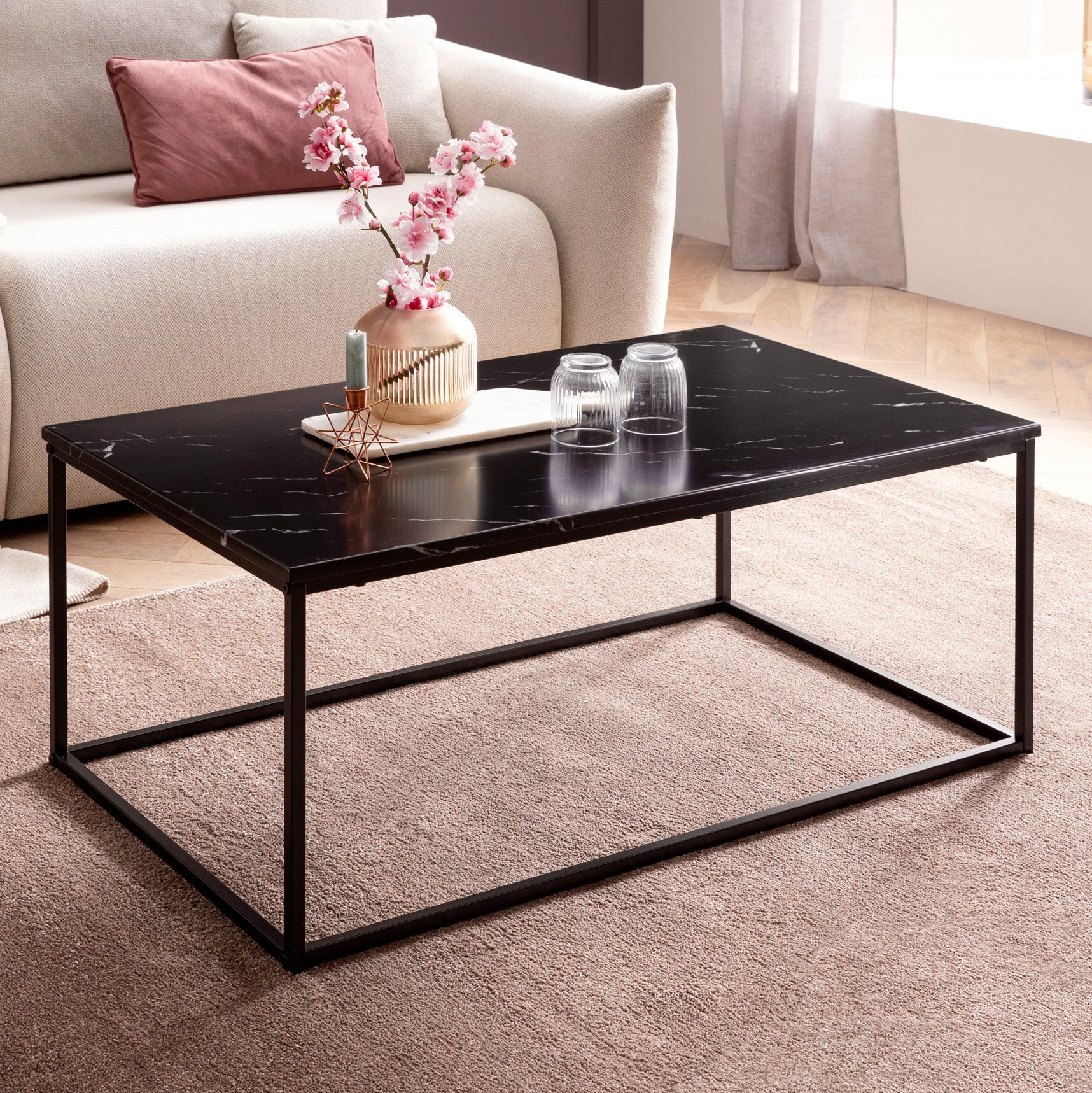 Nancy's Nogueira Salontafel - Koffietafel - Zwart - Marmerlook - Staal - 100 x 60 x 40 cm