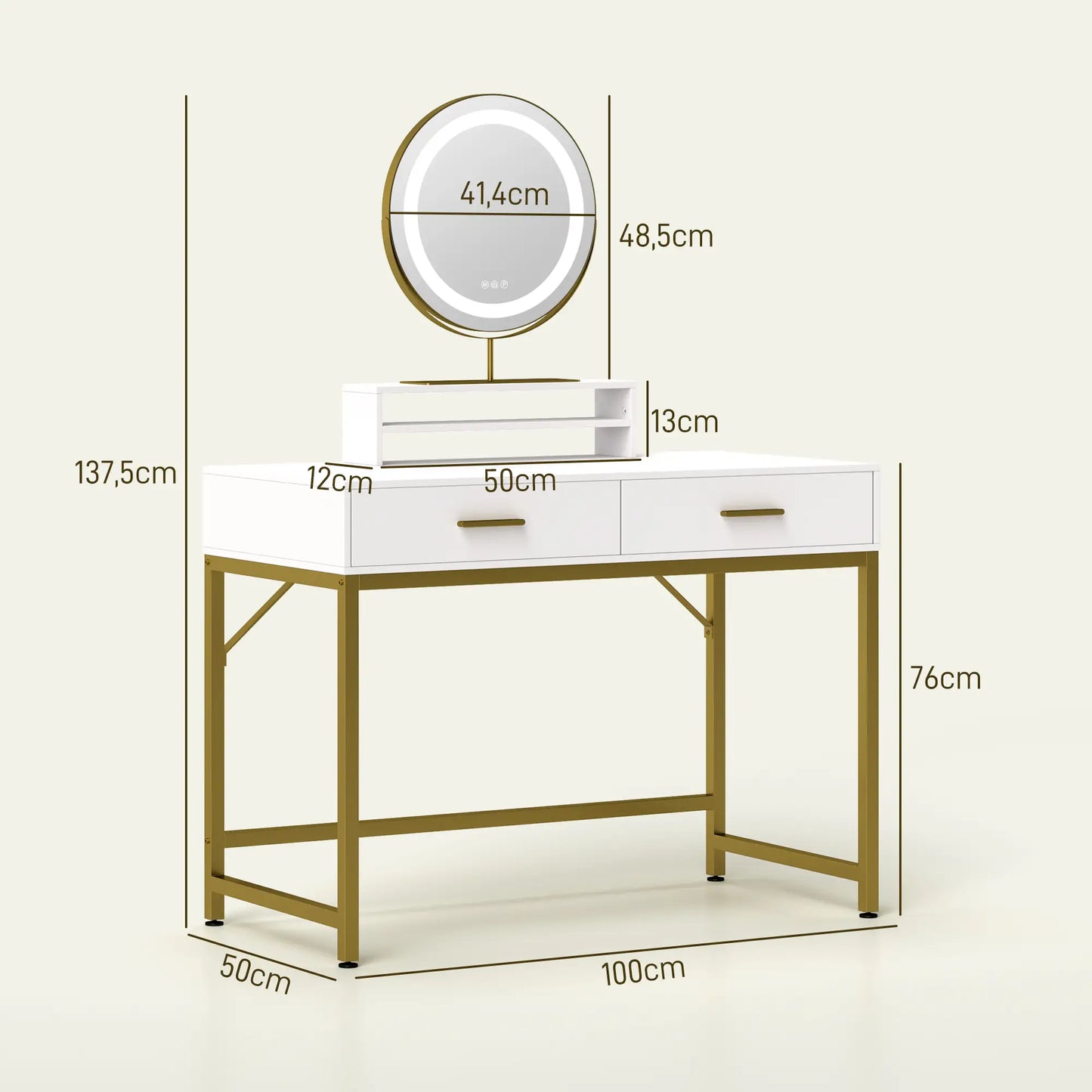 Nancy's Azinhage Kaptafel - Make Up Tafel Met Spiegel en Verlichting - Wit / Goud - ± 100 x 50 x 140 cm