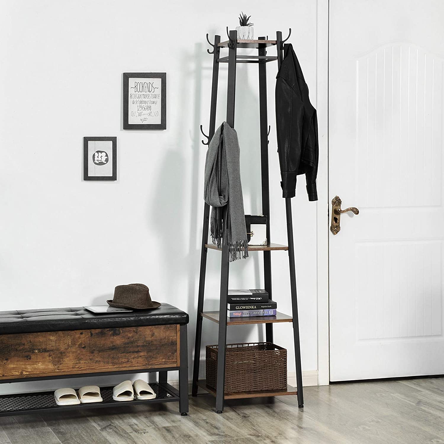 Nancy's Bremerton Standing Coat Rack - Wardrobe Rack - With Shelves - Vintage - ± 45 x 45 x 180 cm