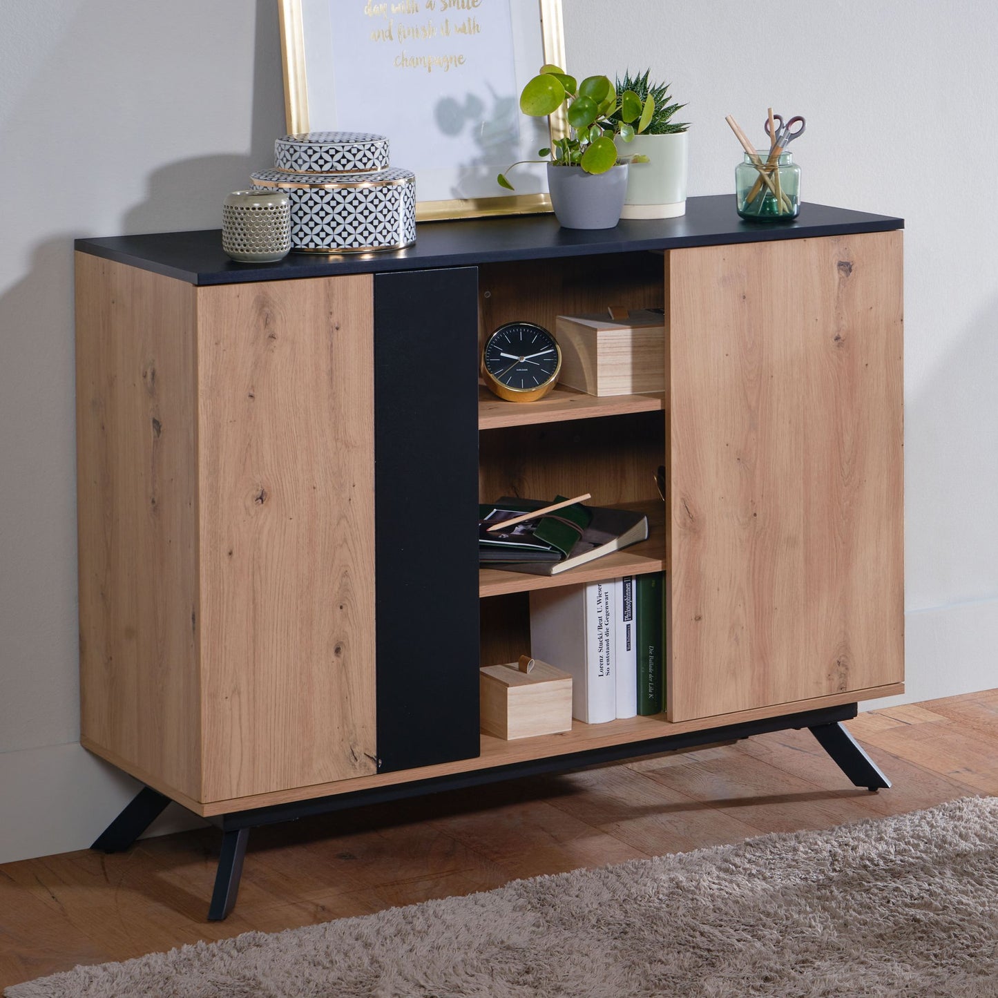 Nancy's Ervidel Dressoir - Opbergkast - Ladekast - Eiken / Zwart - ± 110 x 40 x 90 cm