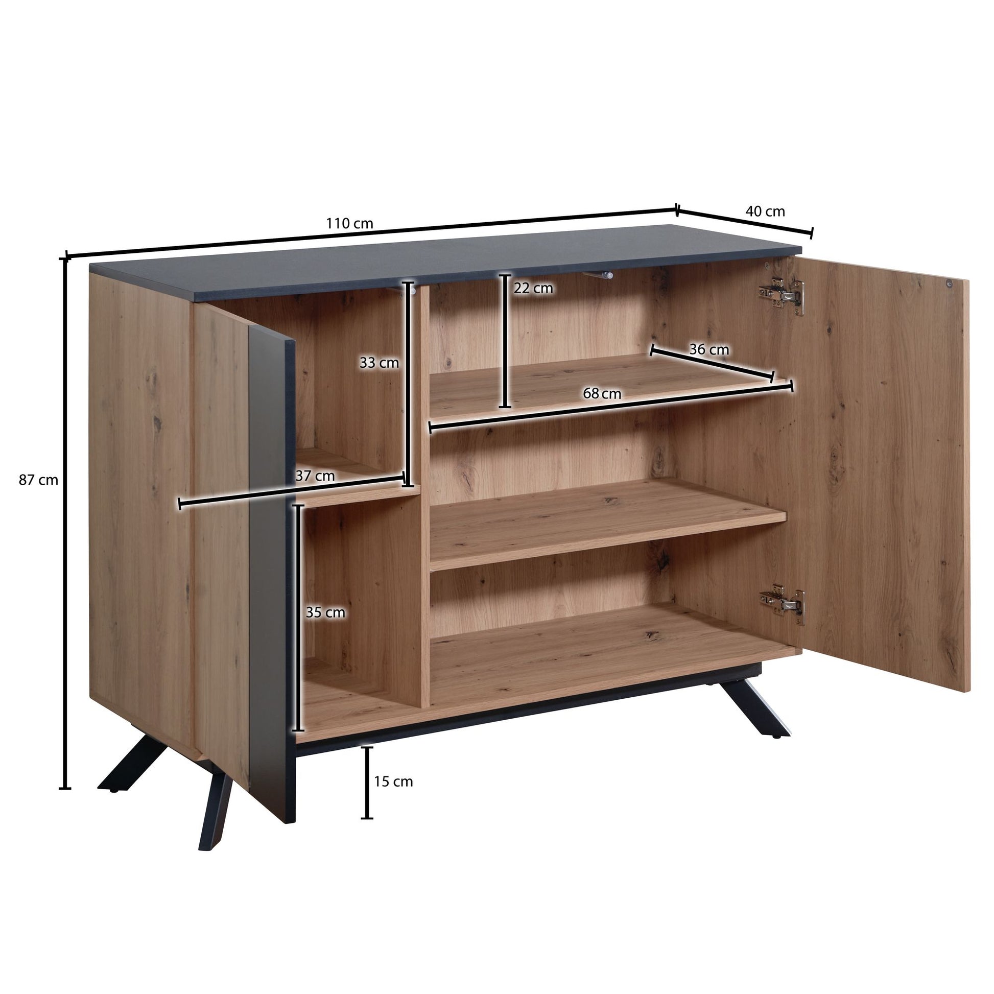 Nancy's Ervidel Dressoir - Opbergkast - Ladekast - Eiken / Zwart - ± 110 x 40 x 90 cm