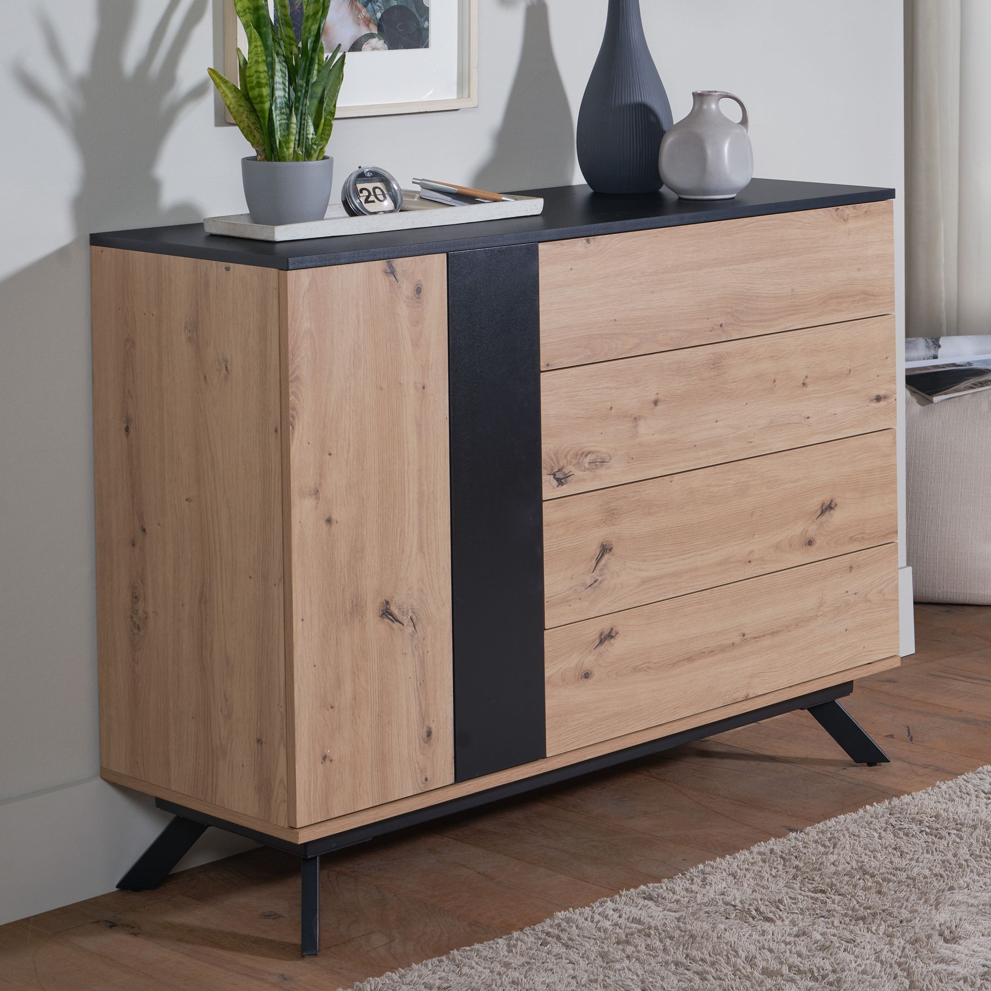 Nancy's Moinhos Dressoir - Opbergkast - Sideboard - Ladekast - Eiken / Zwart - ± 110 x 40 x 90 cm