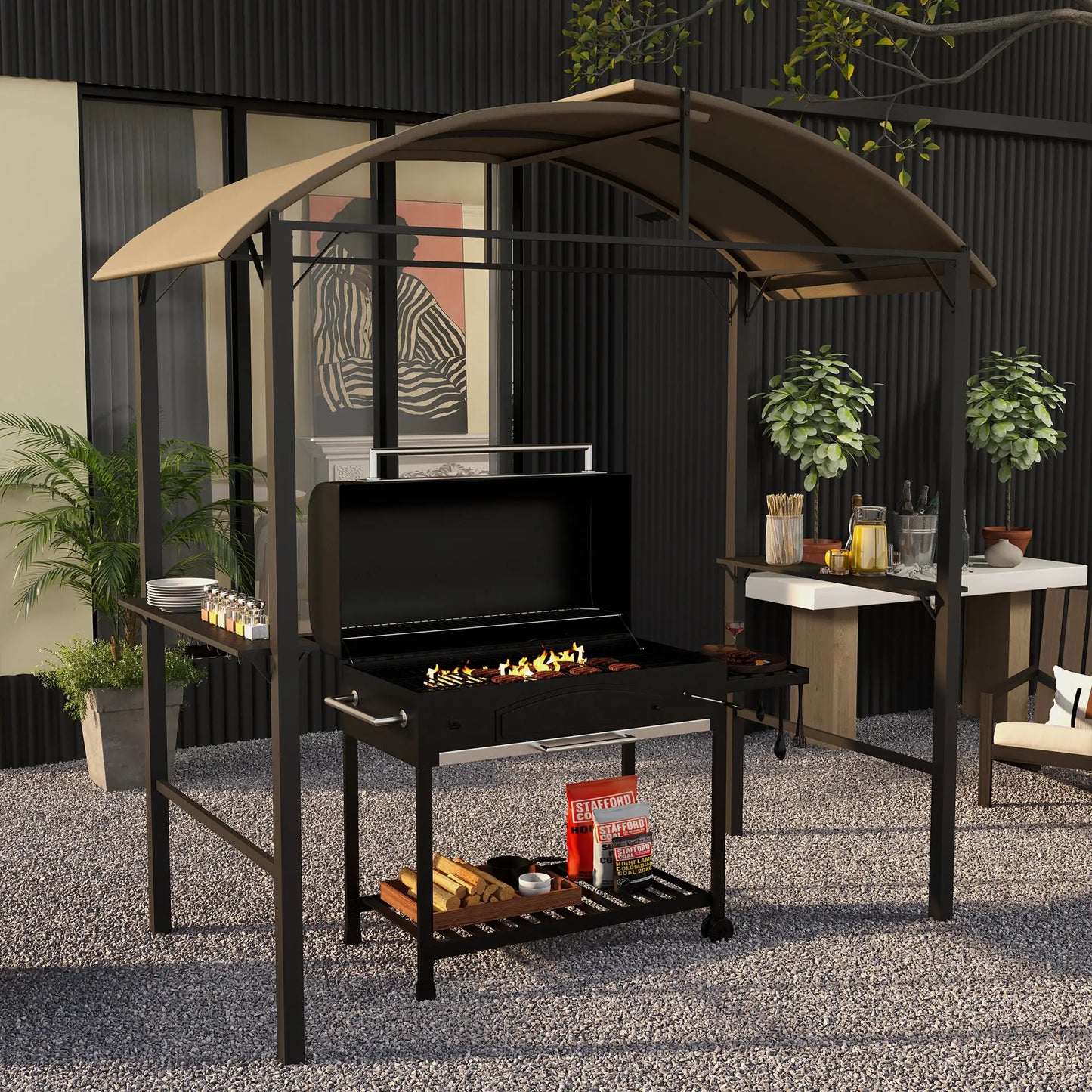 Nancy's Cagno Bbq overkapping - Bbq afdak - Barbecue Paviljoen - Kaki - ± 230 x 110 x 235 cm