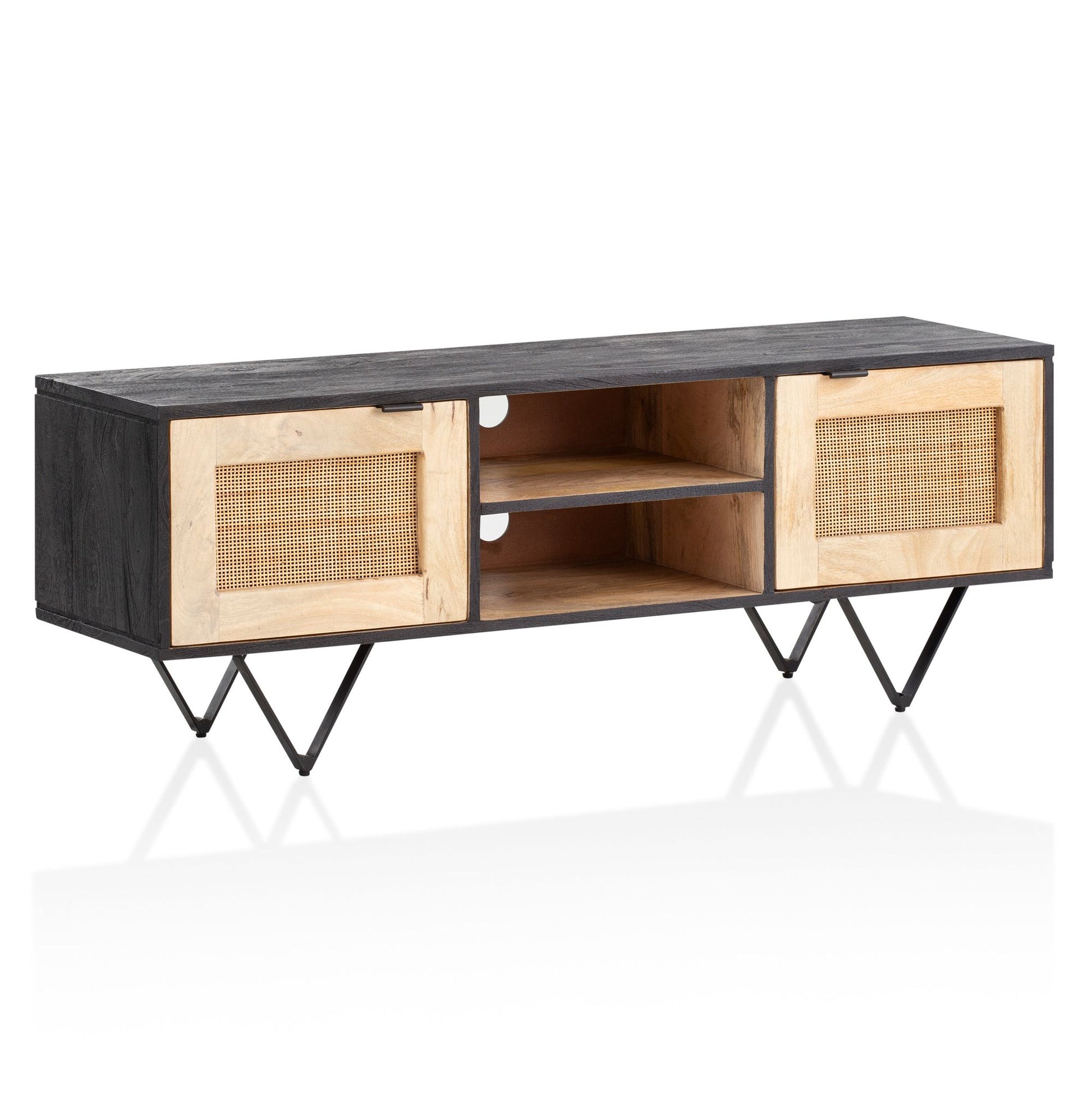 Nancy's Pias TV Meubel - TV Kast - Lowboard - Zwart / Bruin - Mangohout / Rieten vlechtwerk - ± 120 x 35 x 45 cm