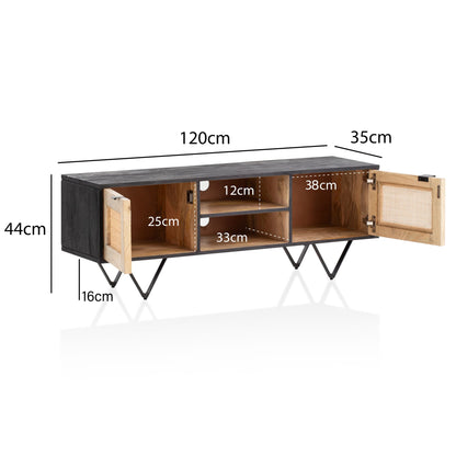 Nancy's Pias TV Meubel - TV Kast - Lowboard - Zwart / Bruin - Mangohout / Rieten vlechtwerk - ± 120 x 35 x 45 cm