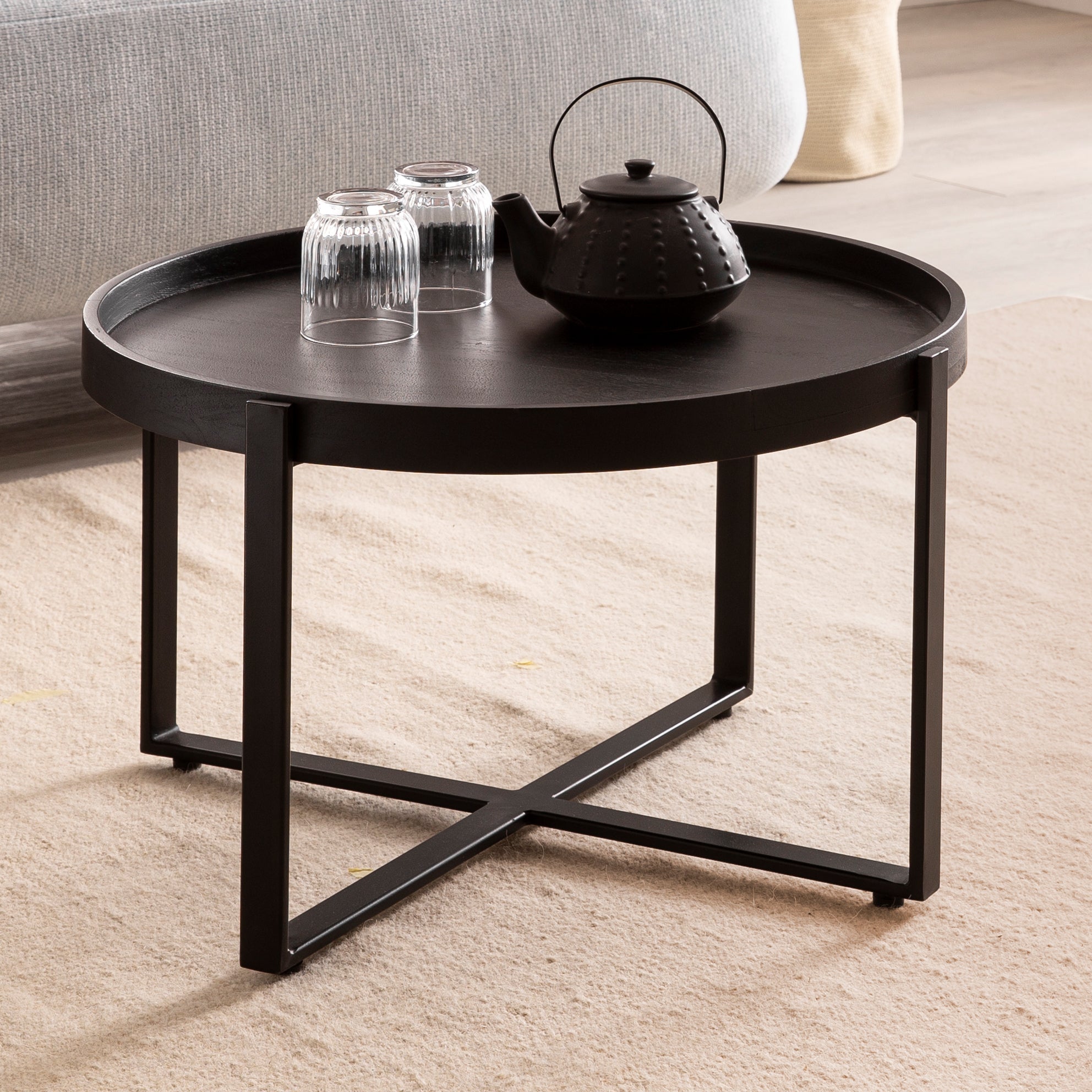 Nancy's Gouveia Table basse - Table basse - Table d'appoint - Noir - Bois de manguier / Acier - Ø 60 x 35 cm