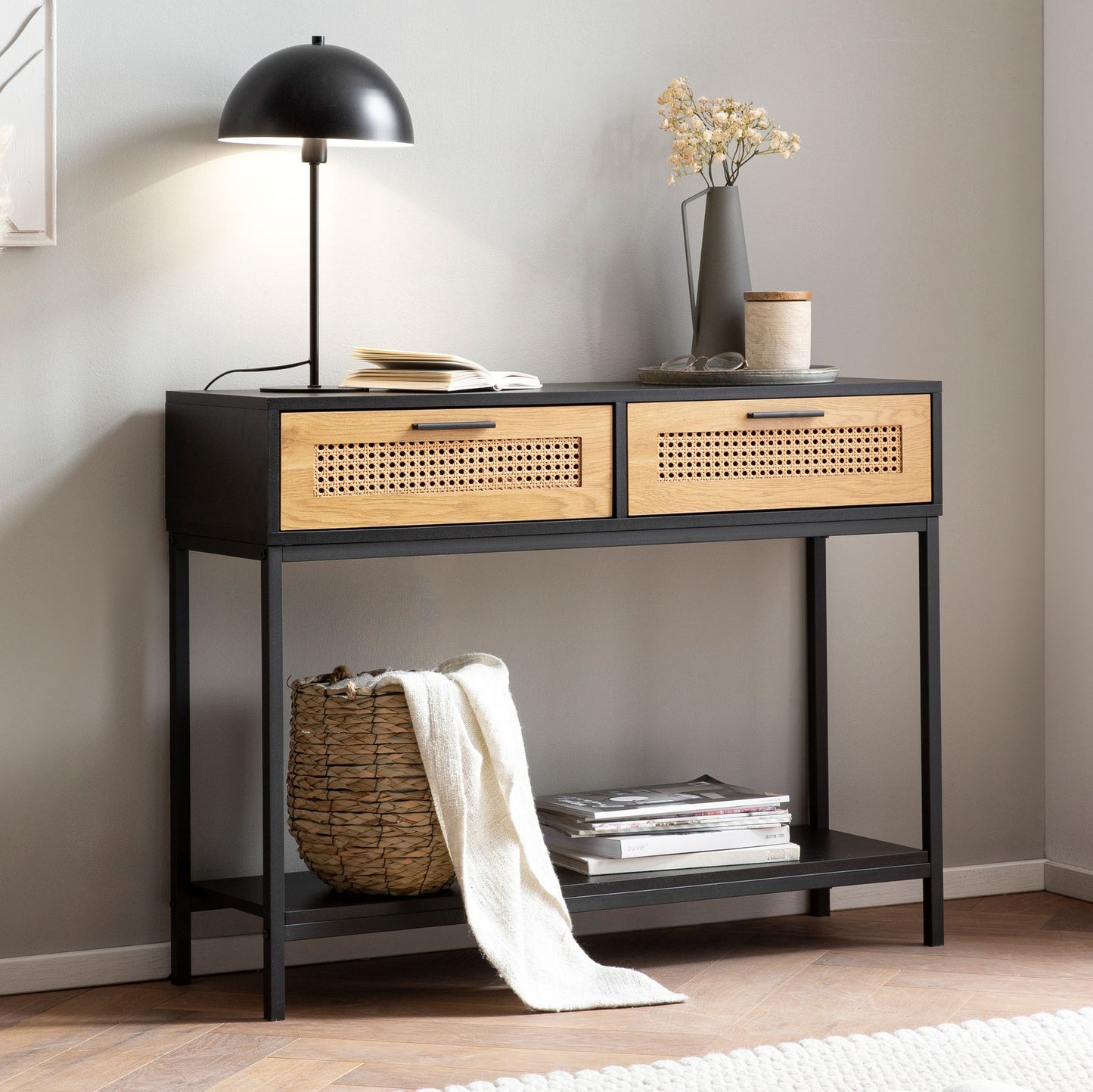 Nancy's Ermida Sidetable - Table console - Table d'appoint - Marron / Noir - Rotin / MDF / Acier - 100 x 30 x 75 cm