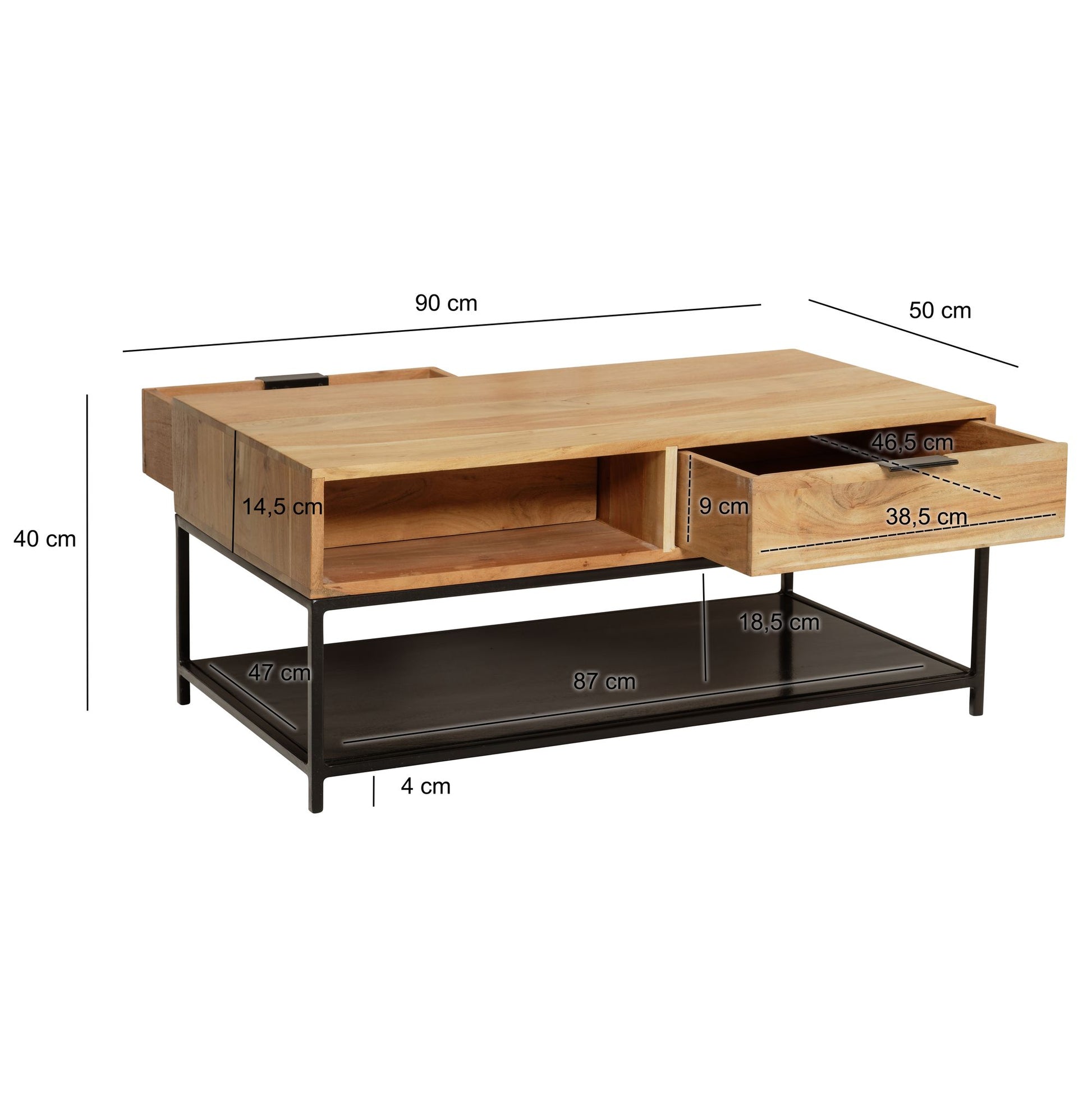 Nancy's Sezures Salontafel - Koffietafel - Lichtbruin / Zwart - Massief Acaciahout - 90 x 50 x 40 cm